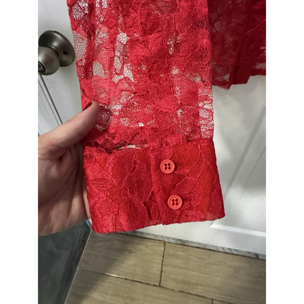 Christopher Kane Womens S Red Floral Lace Sheer Button Front Long Sleeve Blouse - Picture 4 of 10